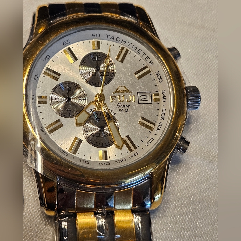 Fuji Designer Timepiece Men's Stainless Steel Plated in 18K 2 Tone Gold Watch - Picture 5 of 9